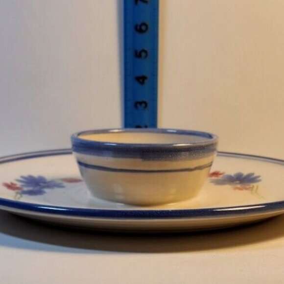 Handcrafted Stoneware Pottery Floral Chip & Dip Bowl Blue Ivory Signed Glazed - Picture 7 of 10